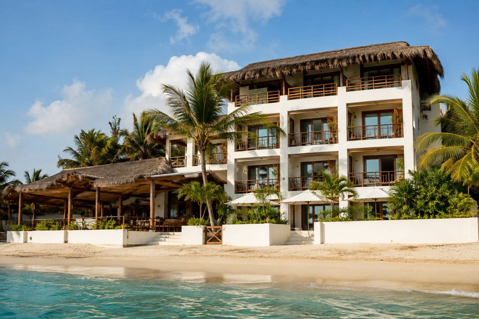 Fachada de un hotel frente al mar, con palmeras